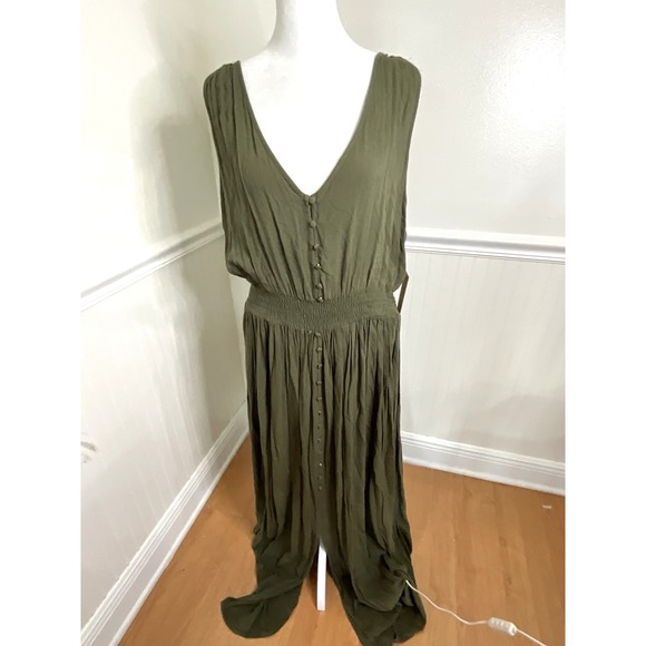 Just Found Boutique Maxi Dress Olive Green Smocked Waist Buttons Women Size 2XL‎ - Picture 1 of 8